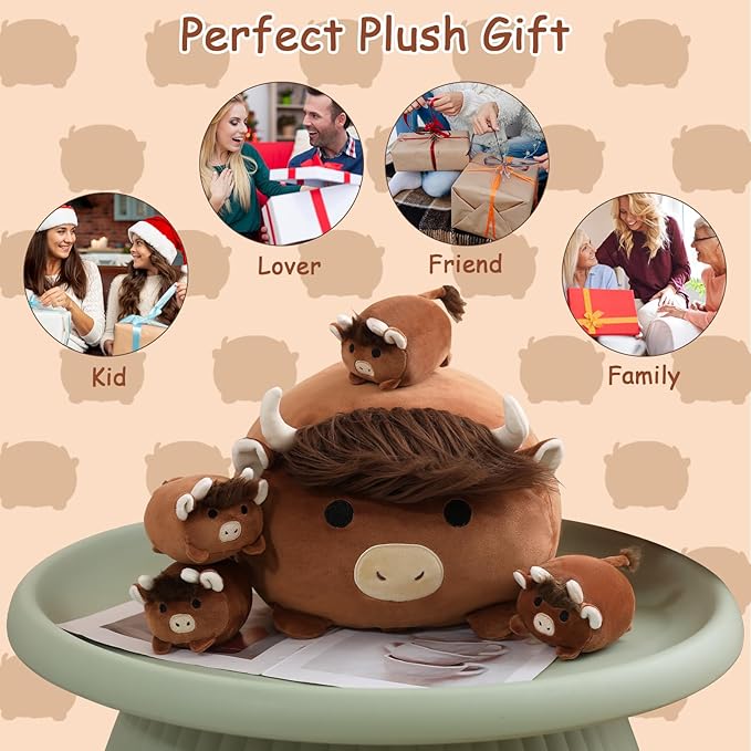 SQEQE Highland Cows Stuffed Animals 5 in 1, Cute Fluffy Cow Plush with 4 Babies in Tummy, Soft Highland Cattle Kid Bedtime for Christmas Valentine's Birthday Gifts, Plushies Decor for Boys Girls