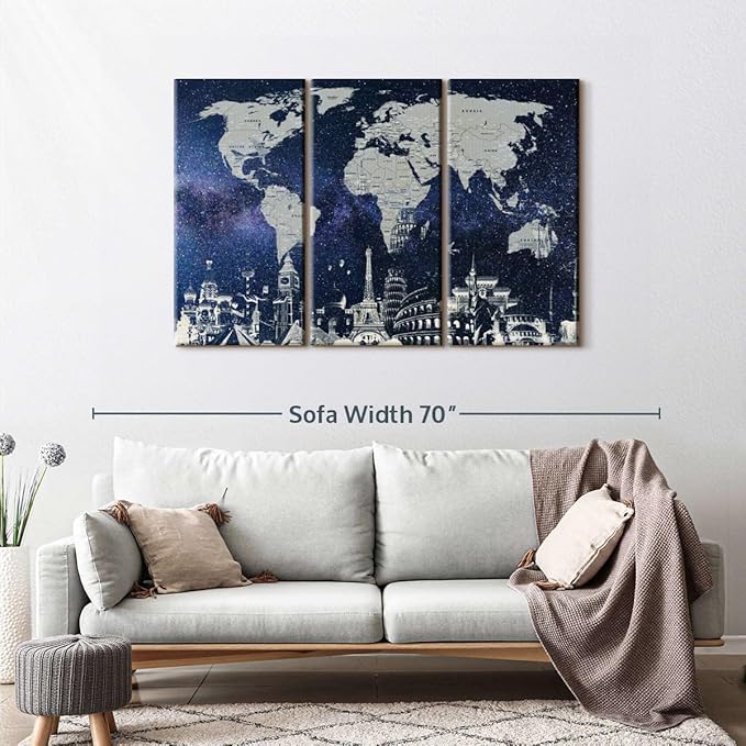 ElephantStock Starry World Map Multi Piece Canvas - 3 Panel Wall Decor - Map of the World Art - Canvas for the Office and Home - 50" X 32"