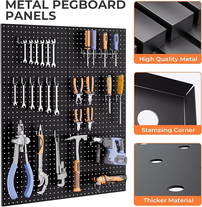 INCLY 90PCS Pegboard Wall Organizer, 6 Pack Metal Peg Board Panels with 1/4" Pegboard Hooks Accessories Kit, Black Peg Board for Walls Home, Garage Tool Storage, Workbench Organization