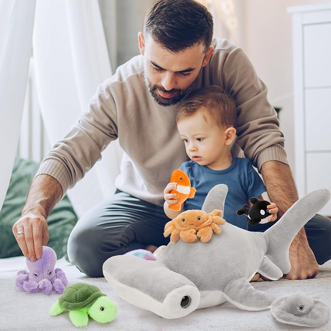 MaoGoLan 7Pcs Shark Plush Toys Hammerhead Shark Stuffed Animals Set for Kids, 6 Sea Creature Plushies inside No-Zipper Mouth, Party Favor Stuffed Animal Bundle for Girls Christmas Valentine's Day Gift