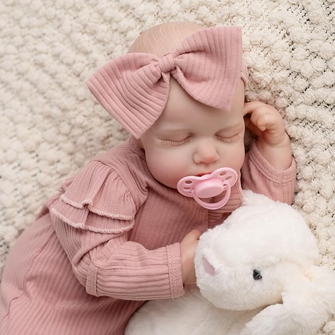 Jirachi Realistic Reborn Baby Dolls, Sleeping Real Life Soft Body Baby Girl, 18 Inch Lifelike Reborn Baby with Pink Clothing Set for Kids 3+