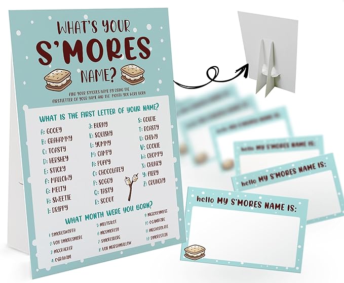 What's Your S'mores Name Game (1 S'mores Sign and 30 Name Tag Stickers), S'mores Game Party Decoration, Birthday Game for Kids, Family Game-28