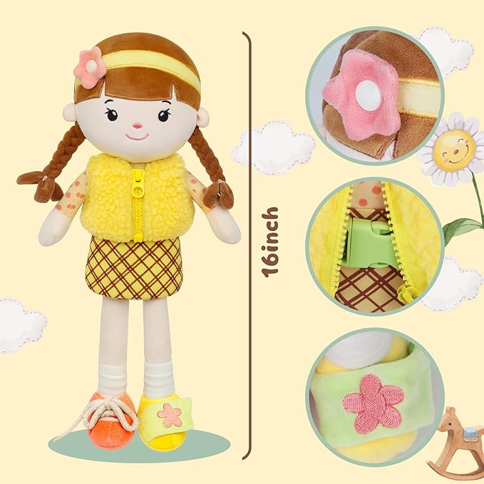 Soft Baby Doll Toys (16'') Educational Plush Doll for Girls Birthday Cuddly Plush Toys for Toddler Kids (Yellow)