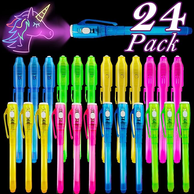 iGeeKid 24 Pack 2 Style Invisible Ink Pen with UV Black Light Party Favor for Kids 8 12 Secret Spy Pens Magic Disappearing Ink Markers Clasroom Prize Birthday Gifts Halloween Goodie Bags Stuffers