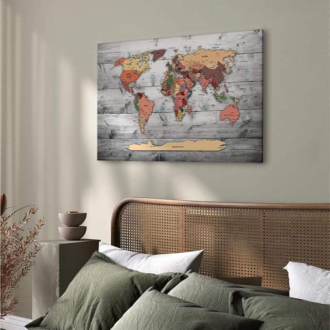 artgeist Canvas Wall Art Print World Map 35x24 in - 1pcs Home Decor Framed Stretched Picture Photo Painting Artwork Image World Travel Map Wood k-B-0009-b-c