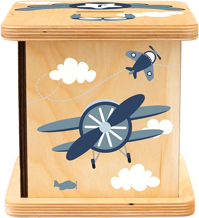 Wooden Piggy Bank for Kids and Adults, Personalized Gift Handmade in USA by BloomOwl, Custom Piggy Bank, Personalized Banks for Kids, Gifts for Baby Boys and Girls (Airplane)