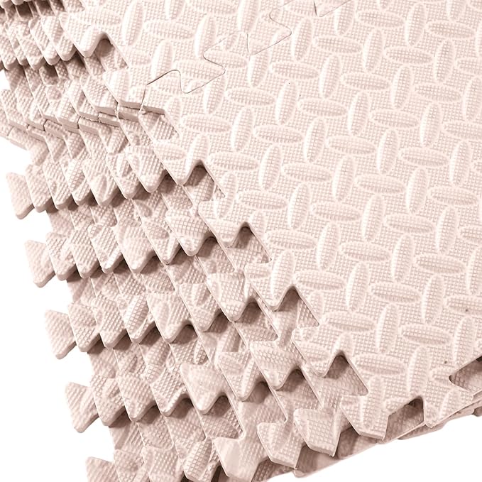 Shihanee 16 Pcs Foam Floor Baby Tiles 11.81 x 11.81 inches Foam Floor Mats Play Mats Bulk with Borders Interlocking for Kids Baby Playroom Nursery Gym（Beige）