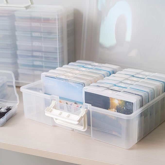 IRIS USA 4" x 6" Photo Storage Box Craft Keeper, Transparent Handle Container with 16 Organization Holder Cases for Pictures, Tasks, Scrapbooking, Stationery Storage, Clear