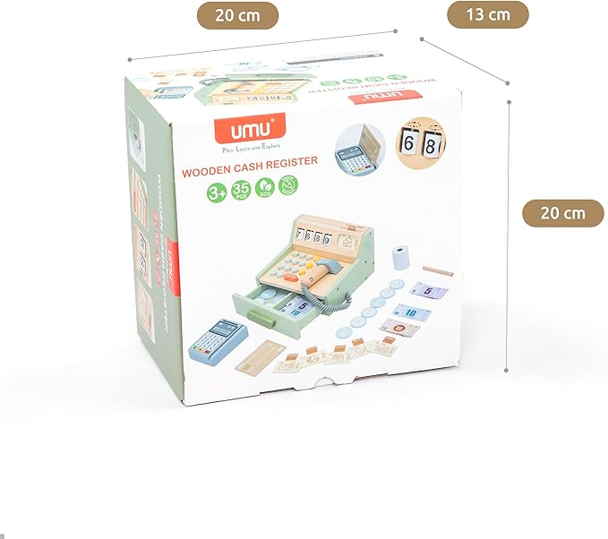 UMU® Wooden Cash Register for Kids - Includes Accessories (Scanner, Payment Terminal, Play Money, etc.), Role Play Shop & Accessories for Children Ages 3 4 5 6