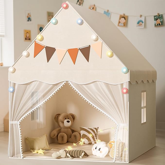 EagleStone Kids Play Tent with Star Light and Padded Mat, Playhouse for Kids, Neutral Color Play Room Furniture, Indoor Bed Tent Gift Toys for Toddle 3,4,5,6-Year-Old Girls,Boys, Girls,