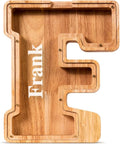 Summidate Customized Name Large Wooden Piggy Bank for Kids Boys Girls Alphabets Letter A-Z Coins Bills Money Change Bank Box Initial on Clear Cover (Laser Engraved) (Alphabet-F, Personalized-9")