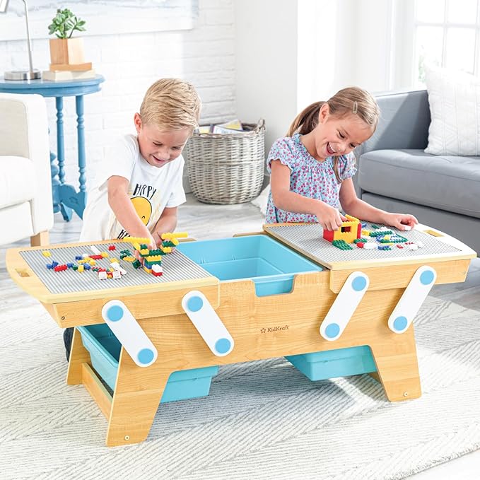 KidKraft Building Bricks Play N Store Wooden Table, Children's Toy Storage with Bins, 200+ Building Blocks Included, Natural, Gift for Ages 3+