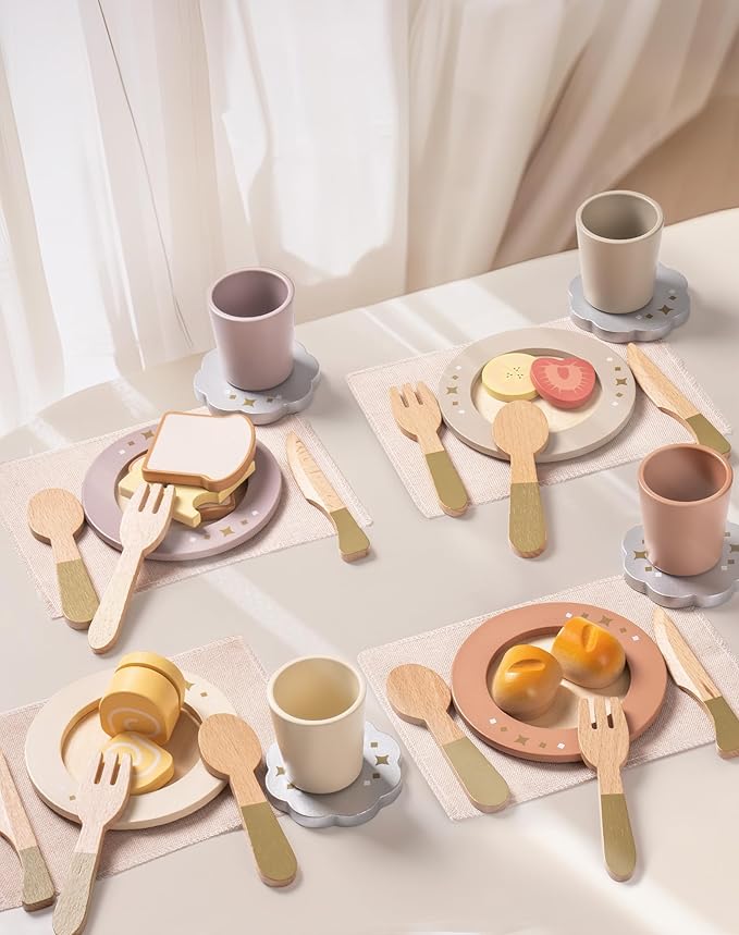 ROBOTIME Play Kitchen Dishes Set, 29PCS Wooden Toddler Plates and Dishes for Boys Girls Gifts