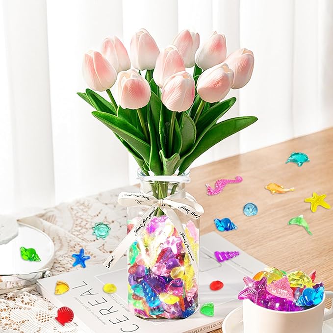 100+ Pcs Sea Shell Ocean Sensory Bin Filler, Diving Gem Pool Toys for Kids, Mini Acrylic Plastic Seashells Animals Figurines Decorating, Little Mermaid Party Favors, 15 Colors 12 Styles