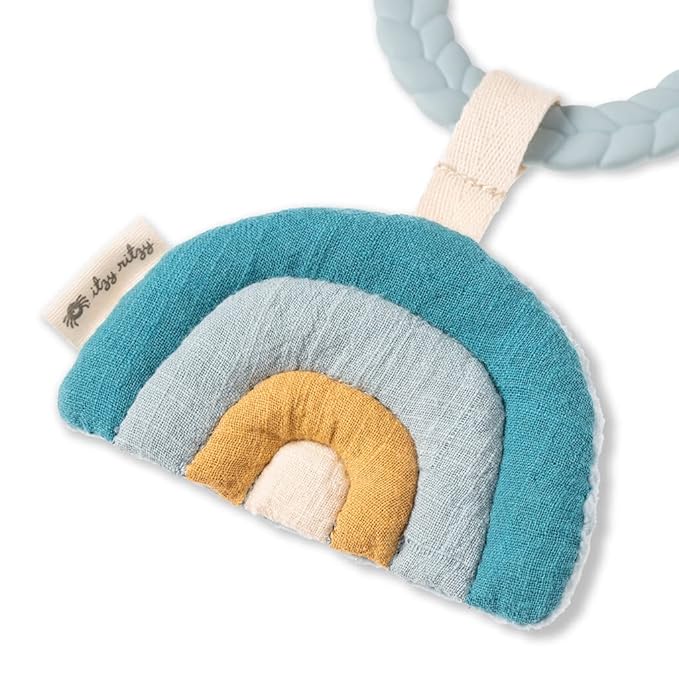 Itzy Ritzy Teething Activity Toy - Bitzy Busy Ring Infant Teething Toy Features Braided Ring & Dangling Toys, Includes Teether, Textured Ribbons, Crinkle Sound & Jingle Bell - 0 Months & Up (Rainbow)