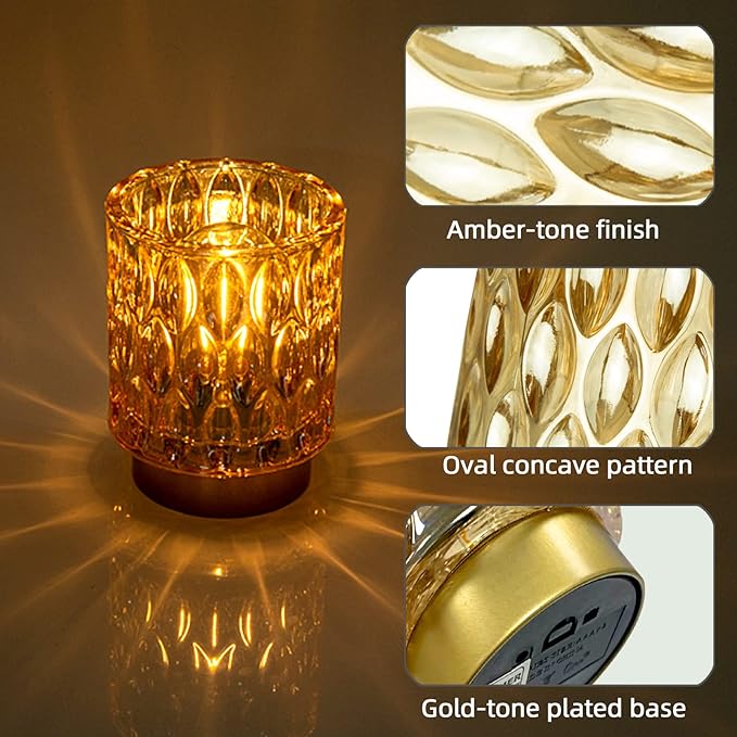Battery Operated Table Lamps Timer, Mini Crystal Lamp for Area No Plug, Cordless Lamp with LED Bulb for Power Outage, Decorative Lamps for Tabletop/Corner/Entryway/Stairway/Bathroom/Fireplace (Amber)