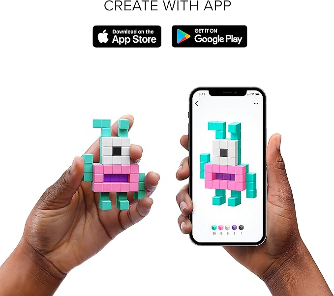 PIXIO RETROFUTURISM - Tiny Magnetic Blocks Building Toy in The Pixel Art Style with Free App - 5/16" Plastic Cubes with 6 Magnets Inside - Open Ended Toy - Creativity Toy for Ages 6+ - 60pcs