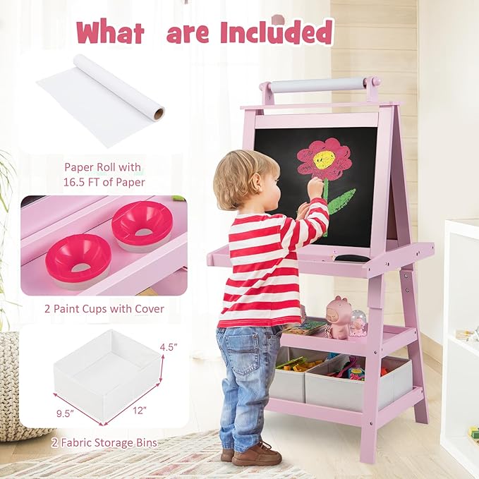Costzon Kids Art Easel, 3 in 1 Double-Sided Painting Easel w/Magnetic Whiteboard, Chalkboard & Paper Roll, 2-Tier Storage Rack & 2 Boxes, Standing Easel for Kids, Toddlers, Gift for Boys, Girls