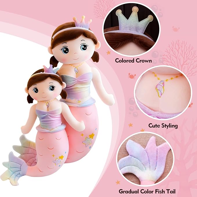Mermaid Stuffed Animal Plush, 23.6in Cute Soft Pink Hugging Mermaid Plushies Pillow Toys Kawaii Birthday Gift for for Adults Kids Boys Girls