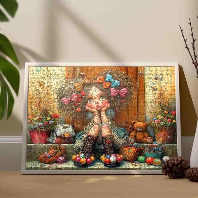 Tucocoo Whimsical Girl with Bows Jigsaw Puzzle for Adults 1000 Piece, Fantasy Art Puzzle with Curly Hair, Cute Toys, Vibrant Flowers, Dreamy Decorative Puzzle for Relaxation and Gifts, Home Decor