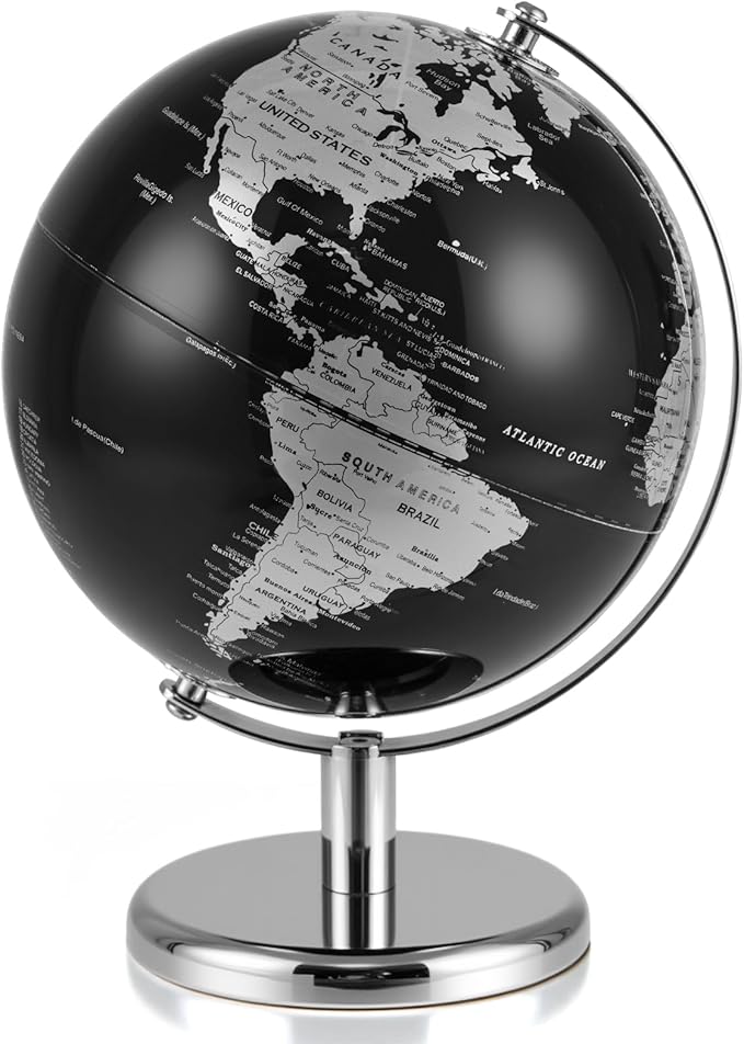 8" World Globe, Black Earth Globe with Silver Accents, Metal Stand, Non-slip Base & Time Zone, Decorative Tabletop Desk Globes for Classroom, Office & Home