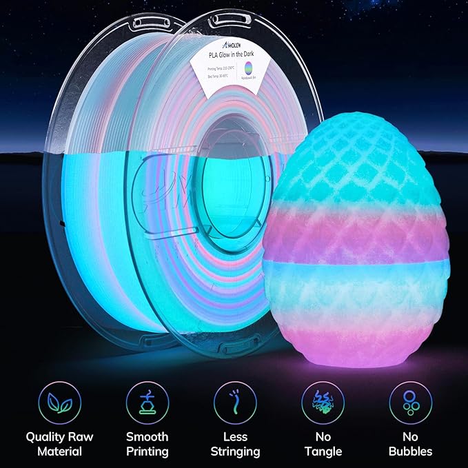 AMOLEN PLA Filament Glow in The Dark, Rainbow 5M Pink, Purple, Green, Blue, Multicolor Fast Change 3D Printer Filament 1.75mm, Best with UV Lamps, 1KG Spool (2.2lbs), Dimensional Accuracy +/- 0.02 mm