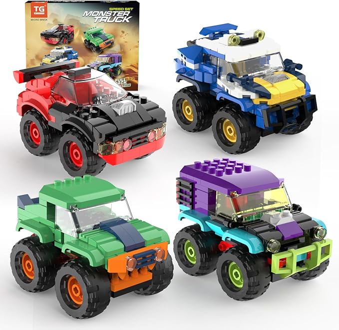 4 Pack Monster Truck Micro Brick Building Blocks Set, Pull Back Car Toy Vehicles Set, Birthday Party Favor or Gift for Teens Ages 8+ Kids
