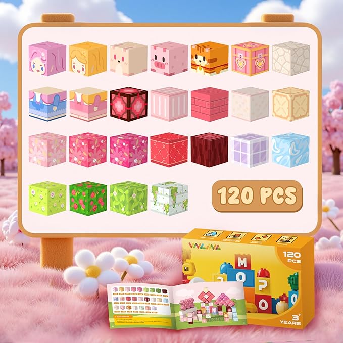 Magnetic Blocks Kid Building Toys - 120Pcs Magnet Cubes Toddler Montessori Sensory STEM Toy for 3-5 4-6 5-7 6-8 Year Old Boys Girls, Build Pink Castle Set