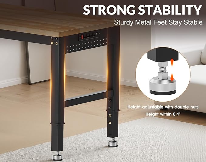72”Heavy Duty Work Bench, 2-Layer Adjustable Workbench, 5000 LBS Capacity Work Bench with Power Outlet & Pegboard, Rubber Wood Work Table for Garage, Workshop, Office, Home
