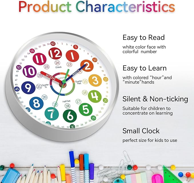 Wall Clock for Kids Learning - Teaching Time Wall Clocks Battery Operated Silent Non Ticking - Analog Colorful Clock Decorative for Kids Room Classroom School(10 Inch&Silver)