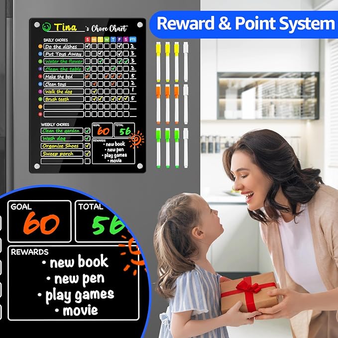 PigPotParty Black Acrylic Magnetic Chore Chart for Multiple Kids, 12"x16" Reward Responsibility Chart, 2 Pcs Daily Weekly Dry Erase Fridge Chore Board Checklist for Teens Adult, w/ 12 Markers & Towel