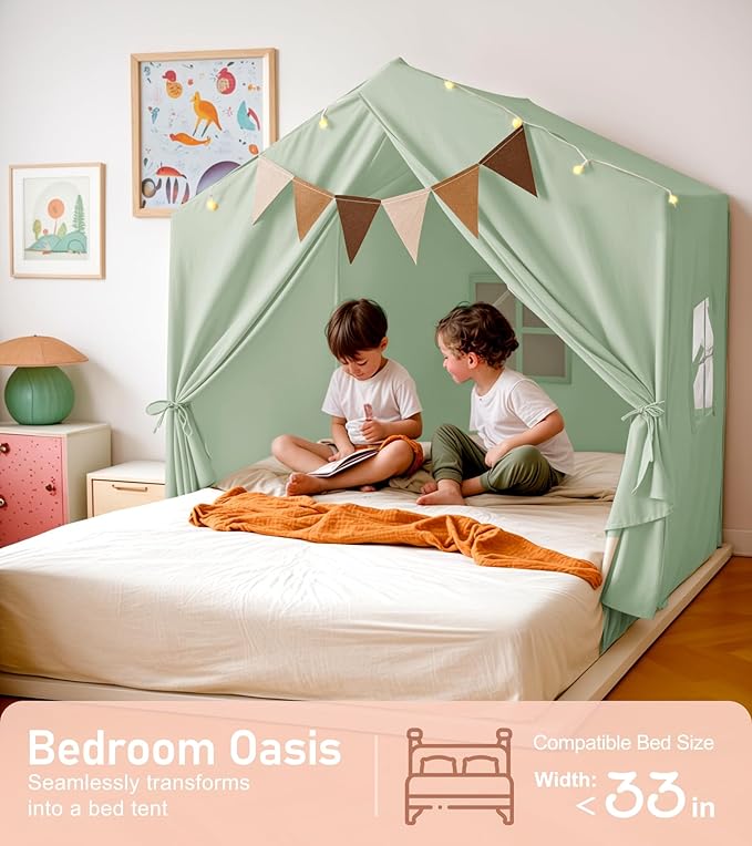 Kids Tent, Play Tent with Star Lights, Large Play Tents with 2 Windows, Kids Playhouse Indoor & Outdoor, Reading Nook, Christmas Toddler Tents for Girls & Boys, 52" x35" x 51", Green