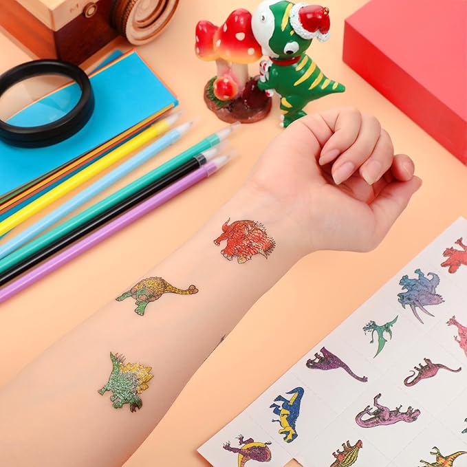 Landhoow 240 Pcs Dinosaur Tattoos Temporary for Kids Glitter Face Tattoos Cool Body Sticker Costume Accessory for Adults Boys Girls Party Favor