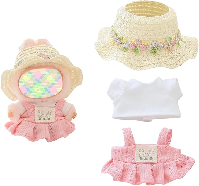 Clothes for Dolls Accessories (No Doll), Kawaii Shirt Skirt Outfit Set 3 Pieces for 15cm 17cm Doll Suit, Stylish Dolls Hat Shirt Clothing Set Replacement Pink