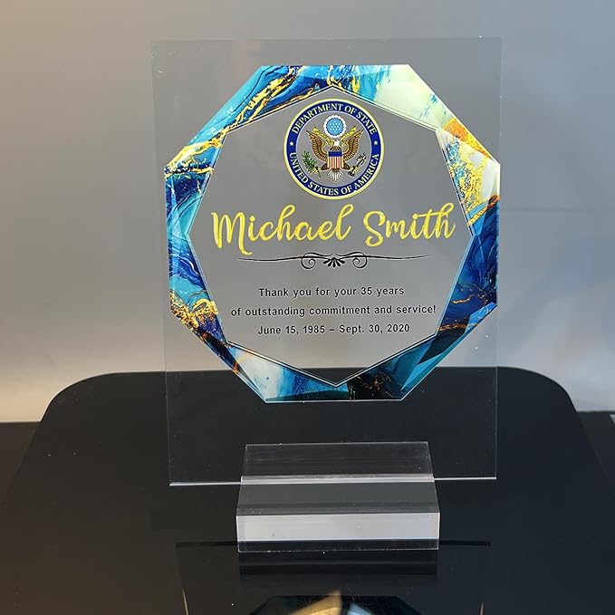 Custom Engraved Acrylic Employee Recognition Award – Personalized Appreciation Trophy for Corporate Excellence – Desk Display Plaque with Free Customization (Style #1)