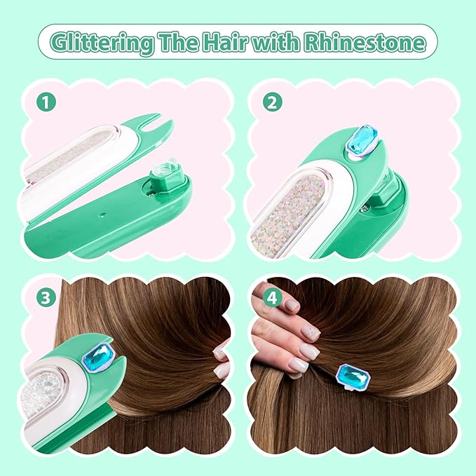 Hair Gem Stamper Kit, Bling Hair Jewels for Girls Toys, Hair Styling Tool with Reusable Shining Diamonds, Birthday Gifts Toys for Girls Ages 3 4 5 6 8-12 (Green)