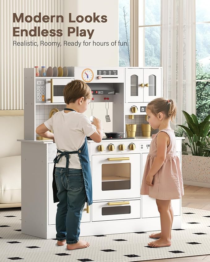 BIERUM Wooden Play Kitchen for Kids Ages 3-8 with Lights & Sounds, Pretend Play Kitchen Set with Stove, Ice Maker, Coffee Maker, Oven & Accessories, Toddler Kitchen Playset for Boys and Girls (White)