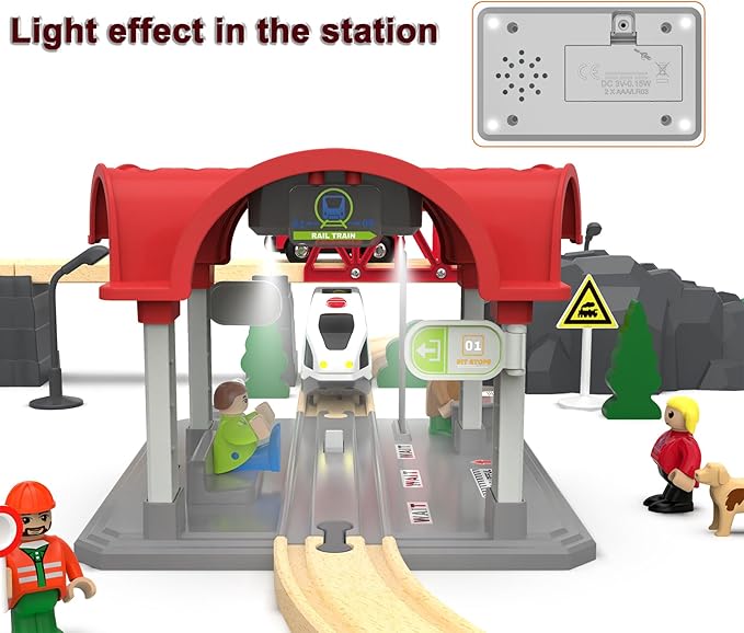 Train Accessories Modern Station for Kids, Train Tunnel for Wooden Railway System, Multifunction Toy Trains Set for Motorized Cars Compatible with Thomas & Friends, Brio, Chuggington