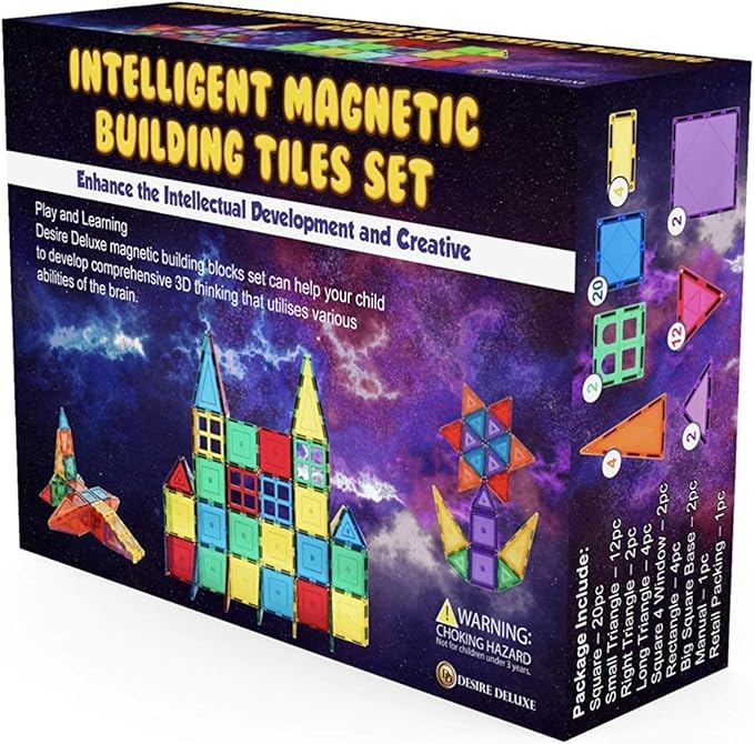 Desire Deluxe Magnetic Tiles Building Blocks Construction Toys for Boys & Girls 47pc – STEM Learning Educational, Kids Age 3 4 5 6 7 8 Year Old Gift