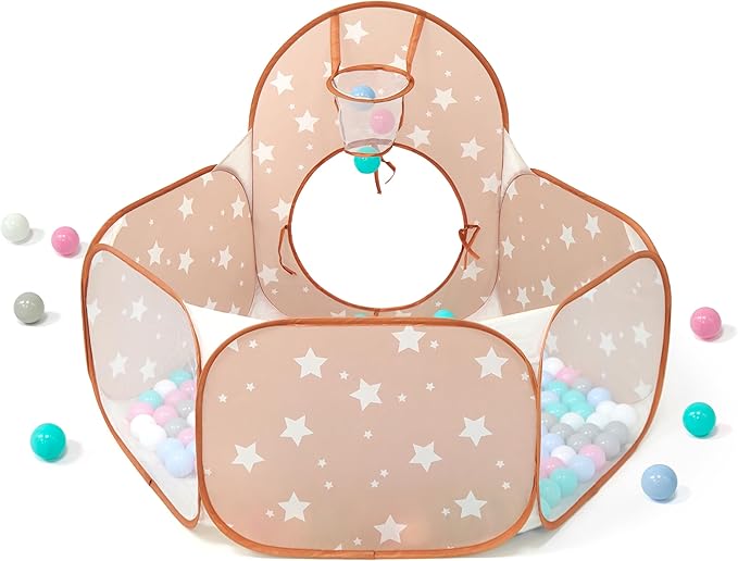 3 in 1 Pop Up Kids Play Tent with Tunnel and Ball Pit for Kids, Boys, Girls, Babies and Toddlers, Indoor/Outdoor Playhouse, Brown/Apricot