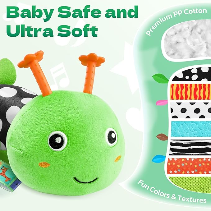 HEMRLY Baby Toys for 0-6 Months, Musical Plush Caterpillar Infant Sensory Toy with Baby Mirror&Crinkle Rattle,Pull String,Teething Toys, Tummy Time Newborn Gifts for 0-3-6-12 Boys Girls - Green Leaf