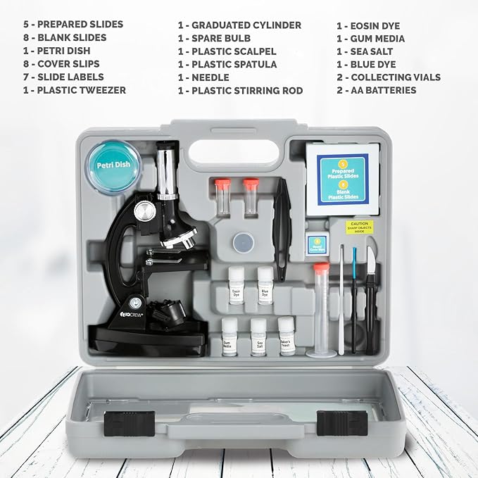 AMSCOPE-Kids 120X-1200X Black Metal Arm Starter Kids Student Microscope Kit with Fossil Dig Activity Kit and Insect Slides - M30-ABS-KT2-KVB2