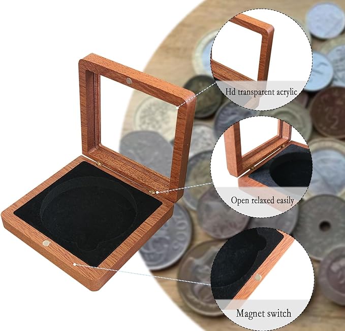 Challenge Coin Display Case Silver Dollar Coin Holder 1.8" in Single Coin Display Case Wood Coins Storage Box Coins for Collectors