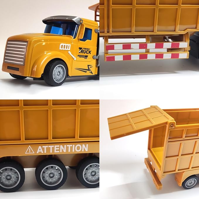Remote Control Dump Toy for Kids - 17.3" RC Semi Truck with 2 Batteries, 1:32 Construction Vehicles with Lights & Building Blocks Excavator Toy, Engineering Tractor Toy for 3 4 5 Years Boys Girls