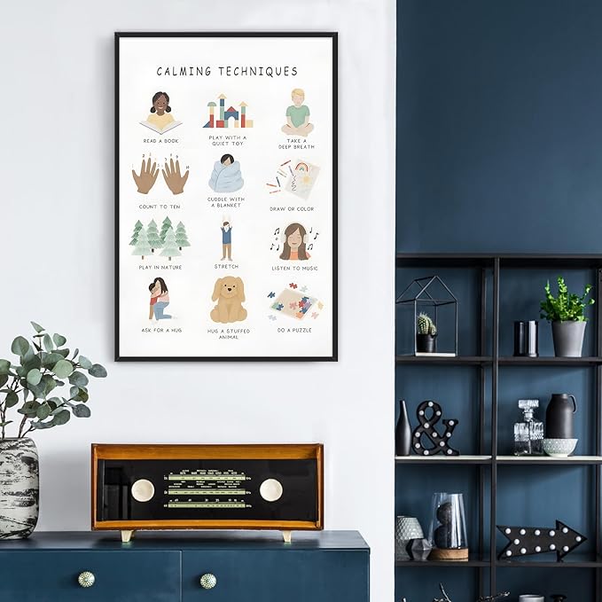 Feelings Calming Techniques Canvas Wall Art Calming Corner Classroom Mental health Posters Boho Emotions Chart for Kids Prints Special Education Wall Decor for Office School 16x24in BlackFramed