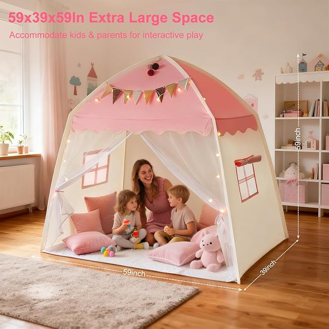 Kids Play Tent Indoor Teepee: Princess Castle Reading Nook with Mat Lights Carry Bag Mesh Windows Quick Setup for Bedroom Playroom Girls Ages 3-12 - 59x39x59 in
