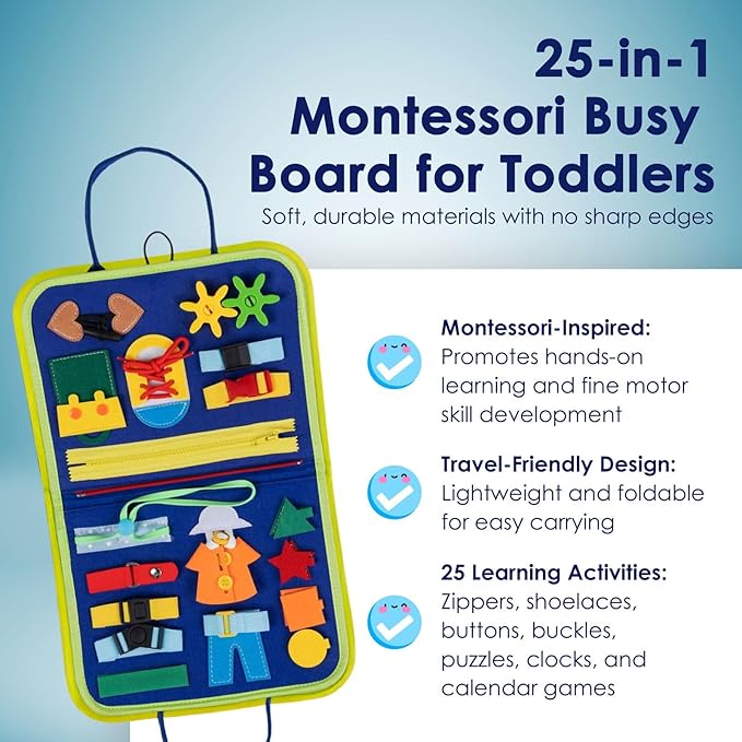 Busy Board Montessori Sensory Toy Travel Educational Book Kids 2 3 4 Years Toddler Fine Motor Skills Preschool Activities Clock Buckle Zipper Buttons Learning Gift Portable Carry Case