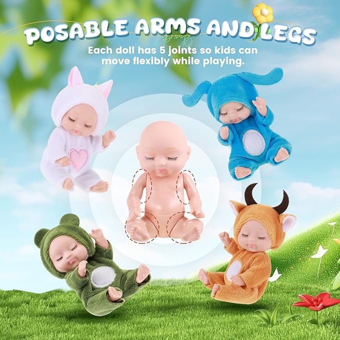 Hanaive 4 Pcs 4 Inch Mini Baby Dolls Lifelike Realistic Baby Dolls Animal Clothes Cute Tiny Gifts for Kids Birthday Party(Cuddly Style)