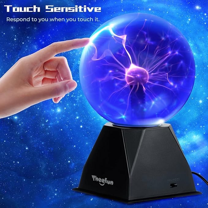 Theefun Blue Plasma Ball: 6 Inch Plasma Globe Touch & Sound Sensitive Plasma Ball Lamp Electric Ball Lightning Novelty Light for Parties, Home, Prop, Room Decoration, Christmas Gifts