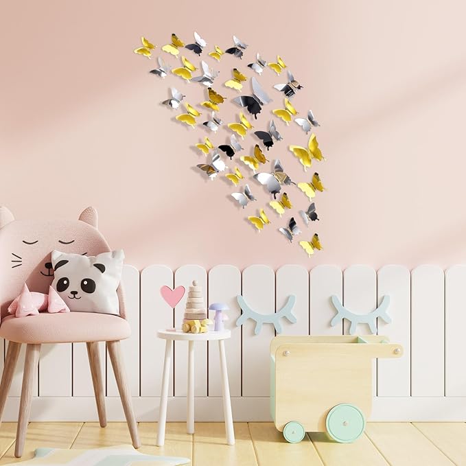 BBTO 48 Pieces Butterfly Wall Decor DIY Mirror 3D Butterfly Stickers Removable Decals for Home Bedroom School Bathroom Living Room Decor(Gold,Silver)
